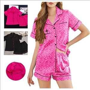 Womens Silk Satin Pajama Set Print Short Sleeve Sleepwear Button Down Pjs Shorts Set